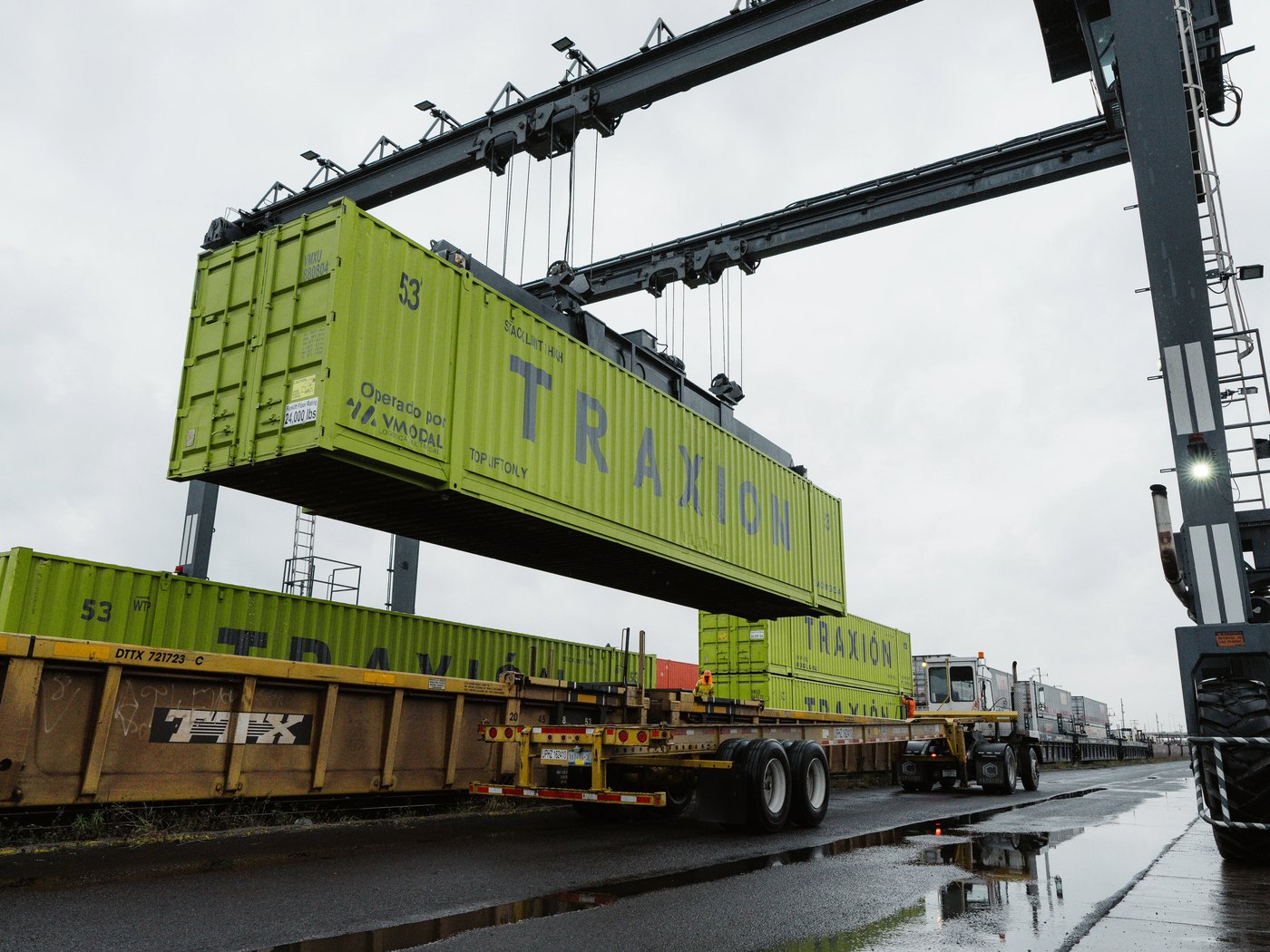 Grúa pórtico bajando un contenedor intermodal de 53 pies sobre una plataforma de ferrocarril